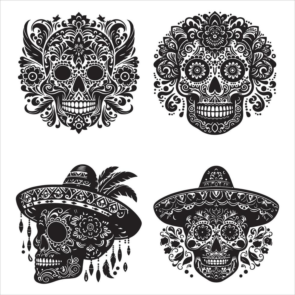 Day Of The Dead Mexican floral Skull silhouette design tattoo Illustration Set In Black And White stock illustration vector