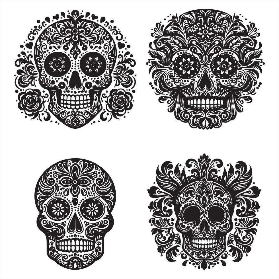 Day Of The Dead Mexican floral Skull silhouette design tattoo Illustration Set In Black And White stock illustration vector