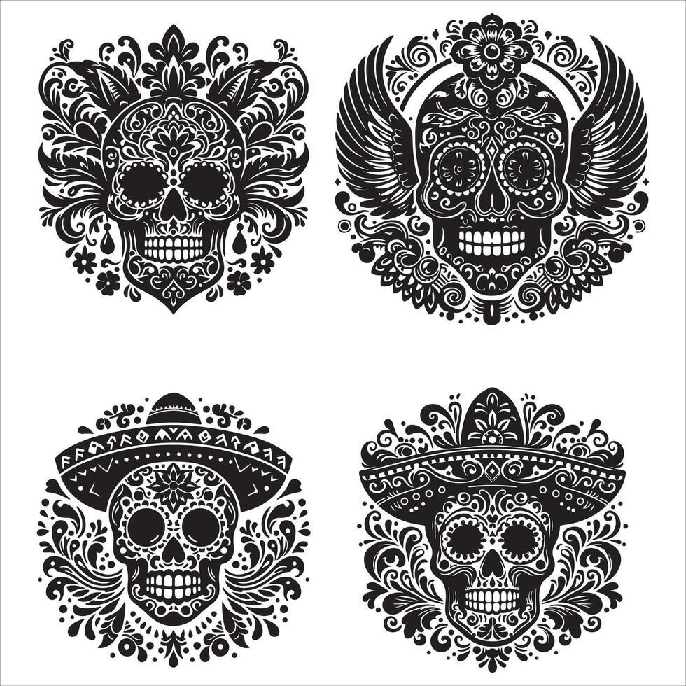 Day Of The Dead Mexican floral Skull silhouette design tattoo Illustration Set In Black And White stock illustration vector