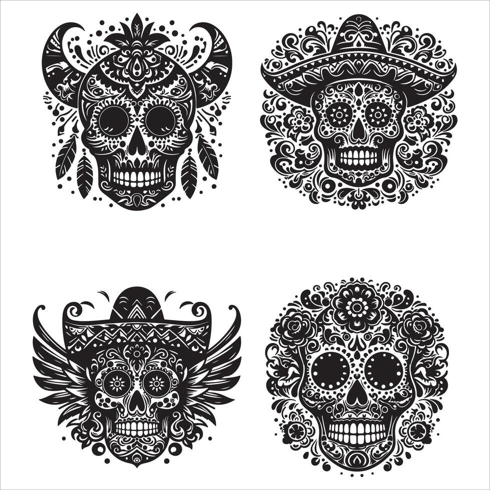Day Of The Dead Mexican floral Skull silhouette design tattoo Illustration Set In Black And White stock illustration vector