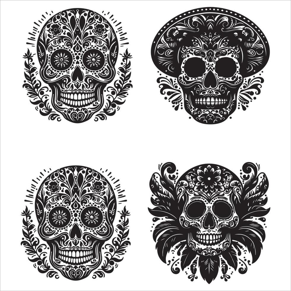 Day Of The Dead Mexican floral Skull silhouette design tattoo Illustration Set In Black And White stock illustration vector