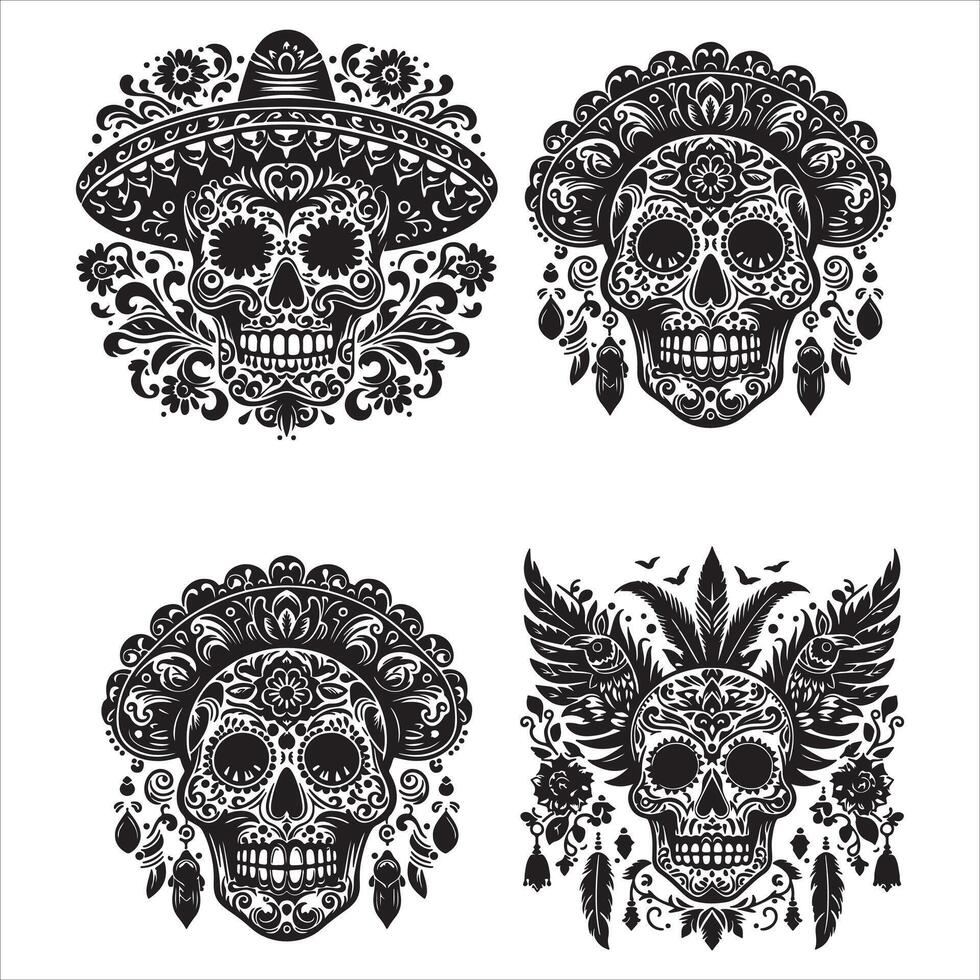 Day Of The Dead Mexican floral Skull silhouette design tattoo Illustration Set In Black And White stock illustration vector