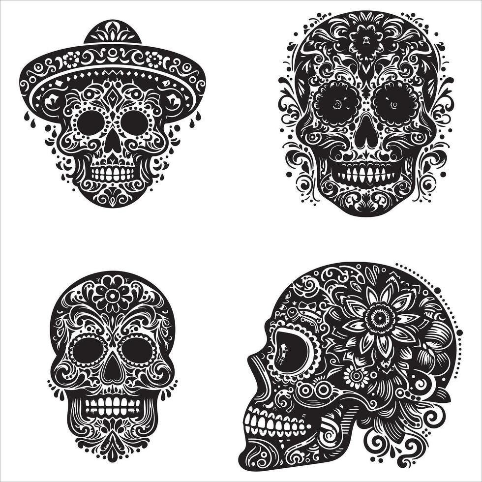 Day Of The Dead Mexican floral Skull silhouette design tattoo Illustration Set In Black And White stock illustration vector