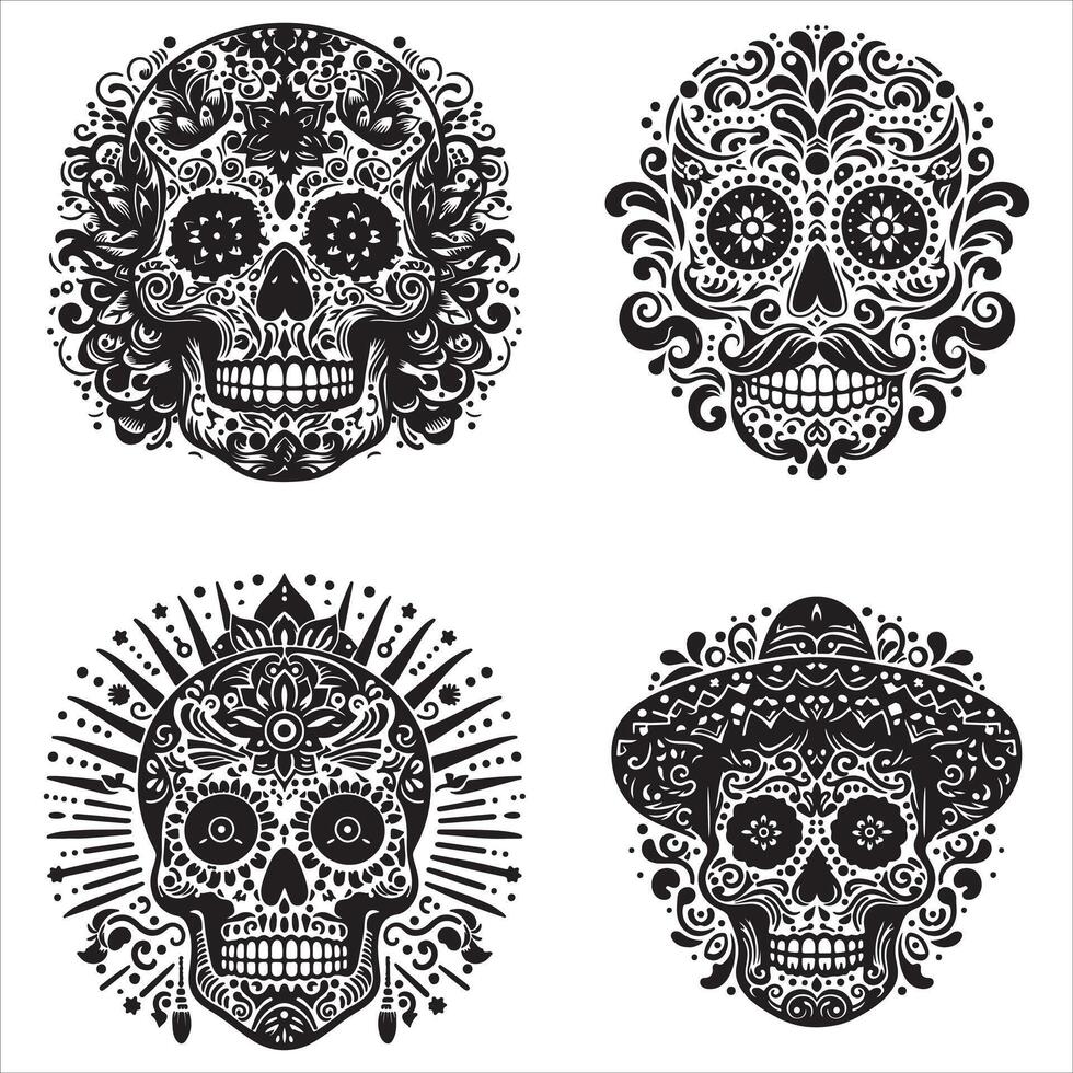 Day Of The Dead Mexican floral Skull silhouette design tattoo Illustration Set In Black And White stock illustration vector