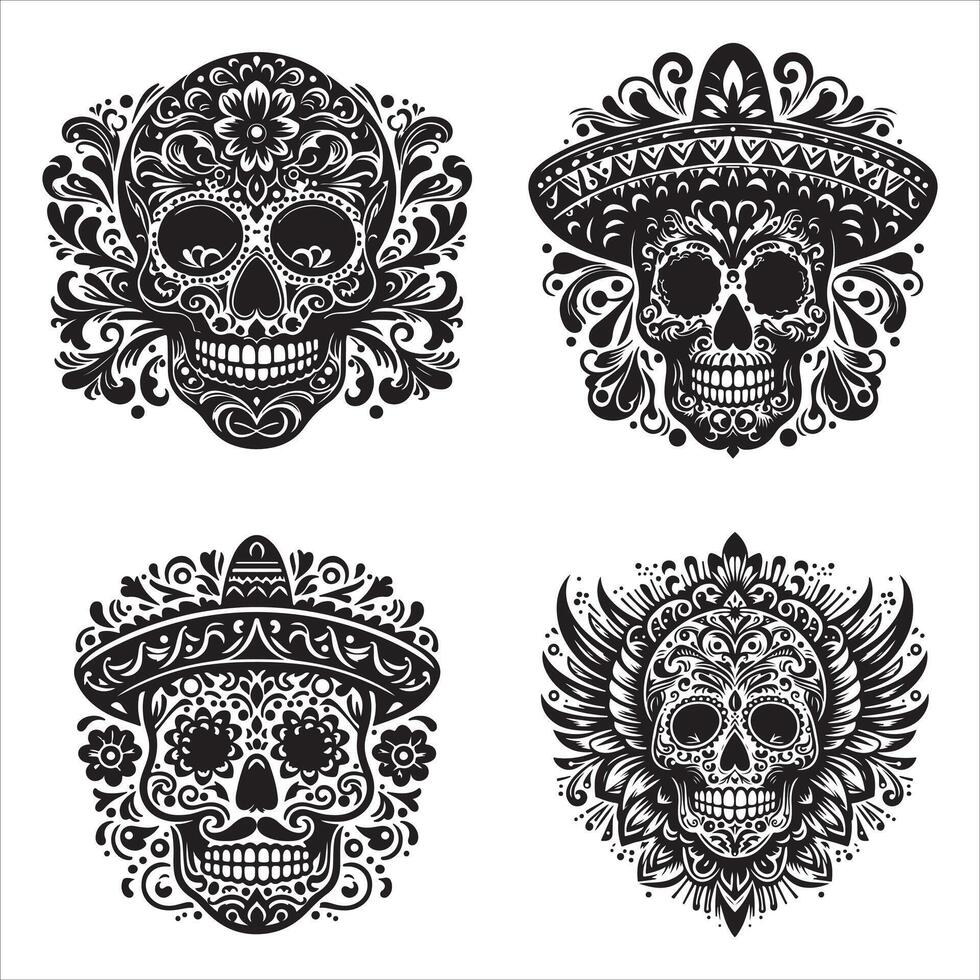 Day Of The Dead Mexican floral Skull silhouette design tattoo Illustration Set In Black And White stock illustration vector