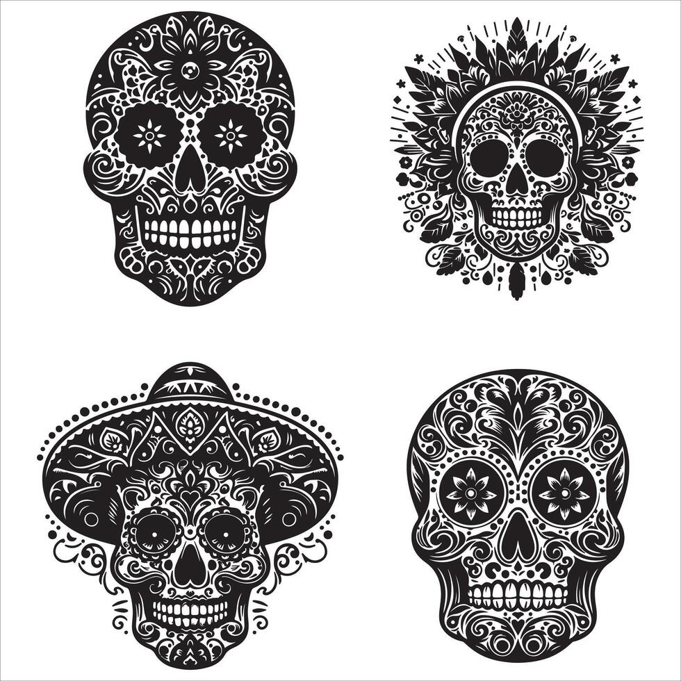 Day Of The Dead Mexican floral Skull silhouette design tattoo Illustration Set In Black And White stock illustration vector