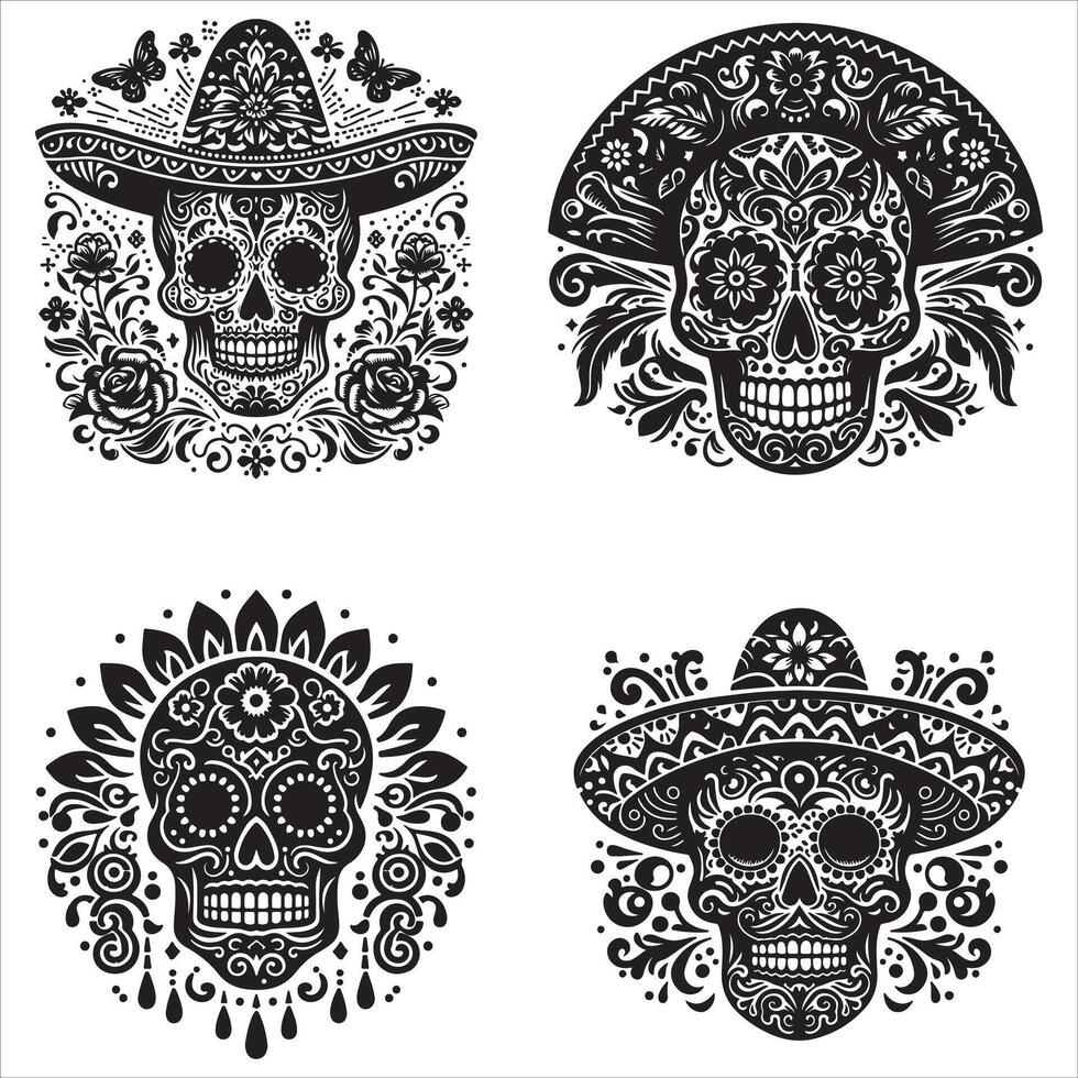 Day Of The Dead Mexican floral Skull silhouette design tattoo Illustration Set In Black And White stock illustration vector