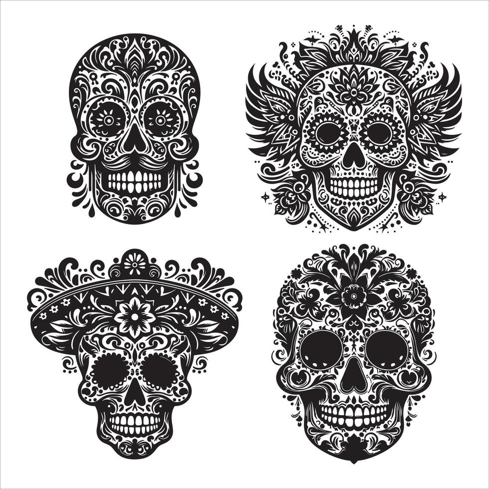 Day Of The Dead Mexican floral Skull silhouette design tattoo Illustration Set In Black And White stock illustration vector