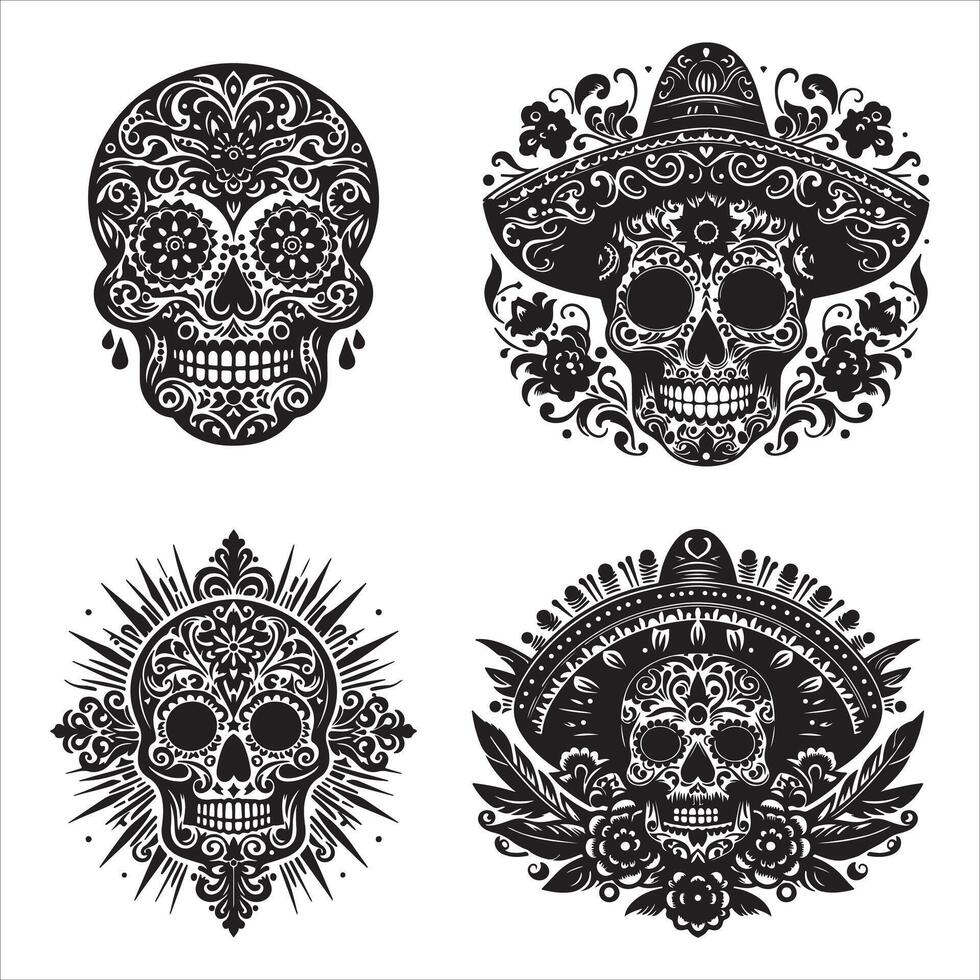 Day Of The Dead Mexican floral Skull silhouette design tattoo Illustration Set In Black And White stock illustration vector
