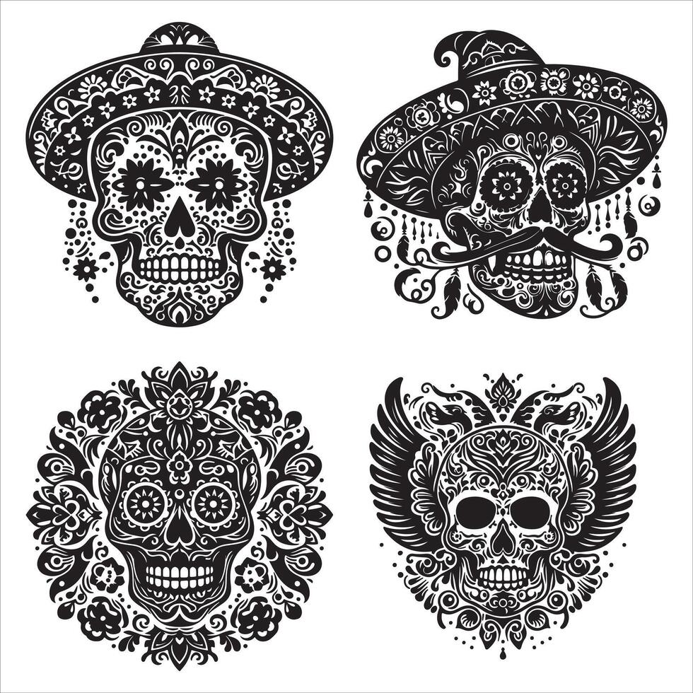 Day Of The Dead Mexican floral Skull silhouette design tattoo Illustration Set In Black And White stock illustration vector