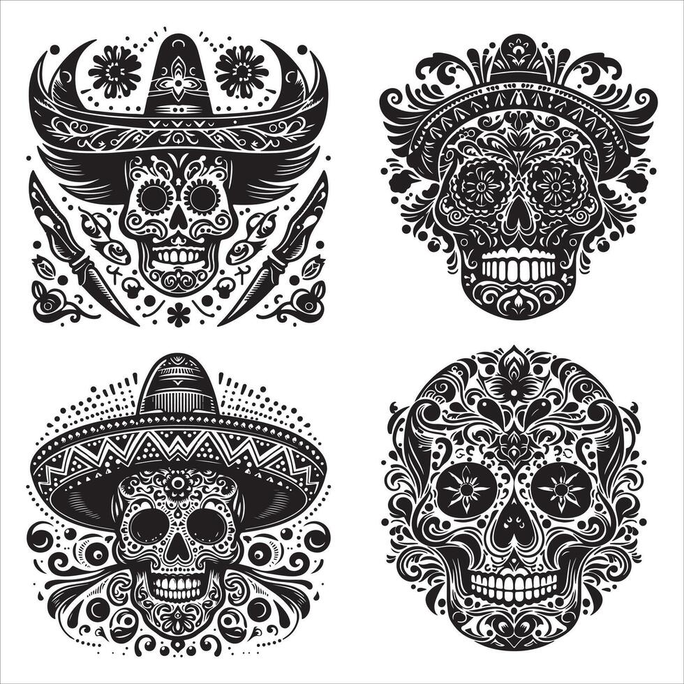 Day Of The Dead Mexican floral Skull silhouette design tattoo Illustration Set In Black And White stock illustration vector