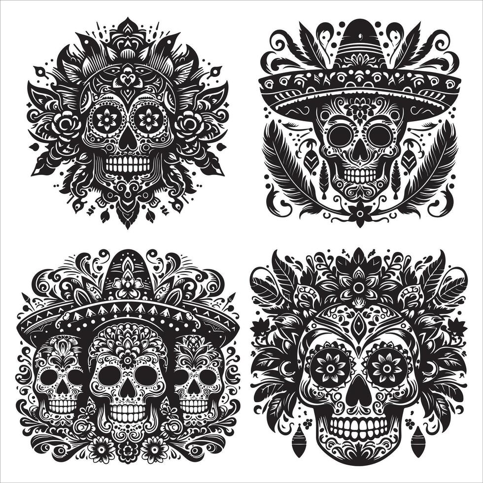 Day Of The Dead Mexican floral Skull silhouette design tattoo Illustration Set In Black And White stock illustration vector