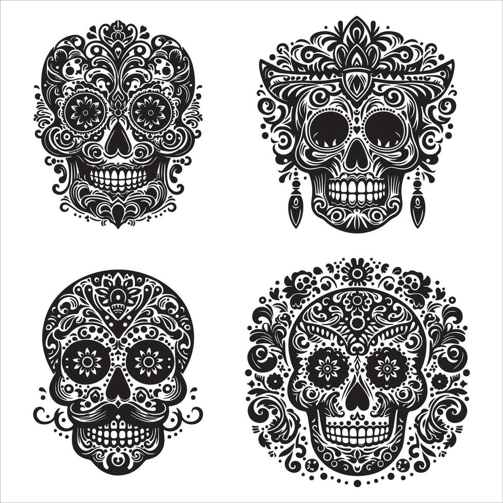 Day Of The Dead Mexican floral Skull silhouette design tattoo Illustration Set In Black And White stock illustration vector