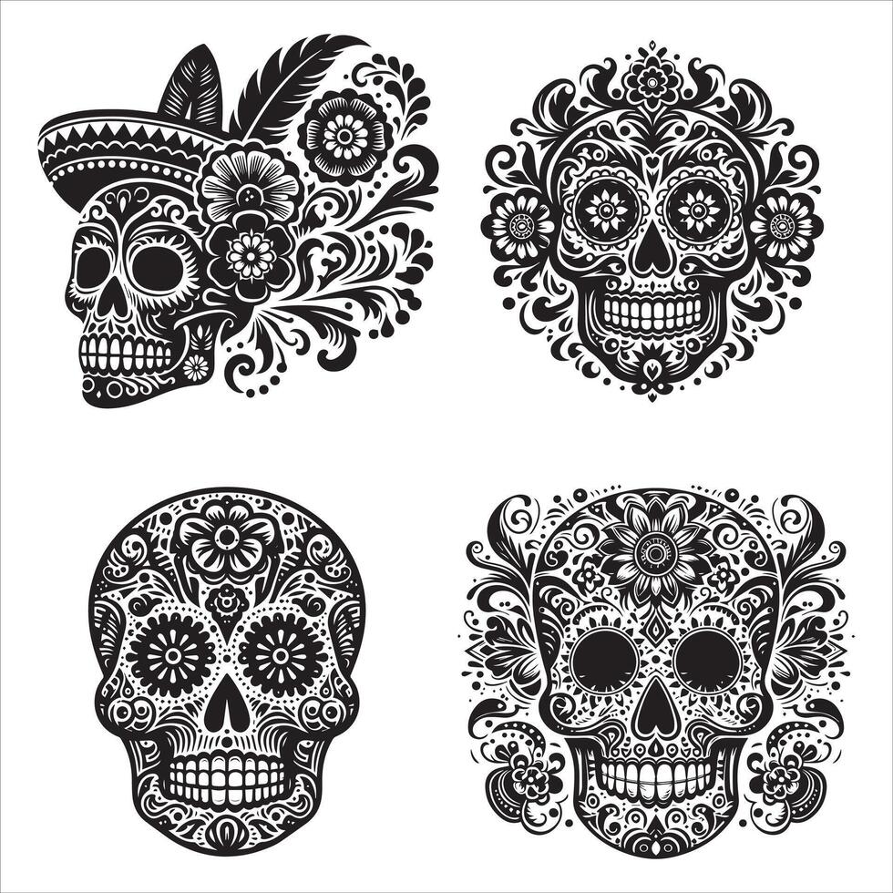 Day Of The Dead Mexican floral Skull silhouette design tattoo Illustration Set In Black And White stock illustration vector