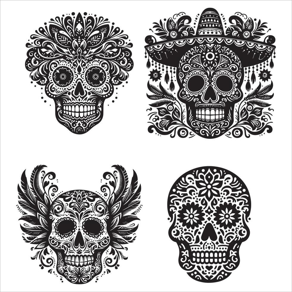 Day Of The Dead Mexican floral Skull silhouette design tattoo Illustration Set In Black And White stock illustration vector