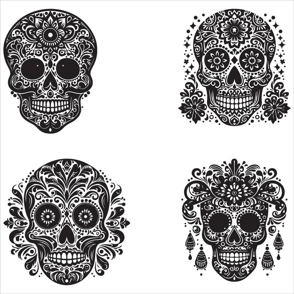 Day Of The Dead Mexican floral Skull silhouette design tattoo Illustration Set In Black And White stock illustration vector