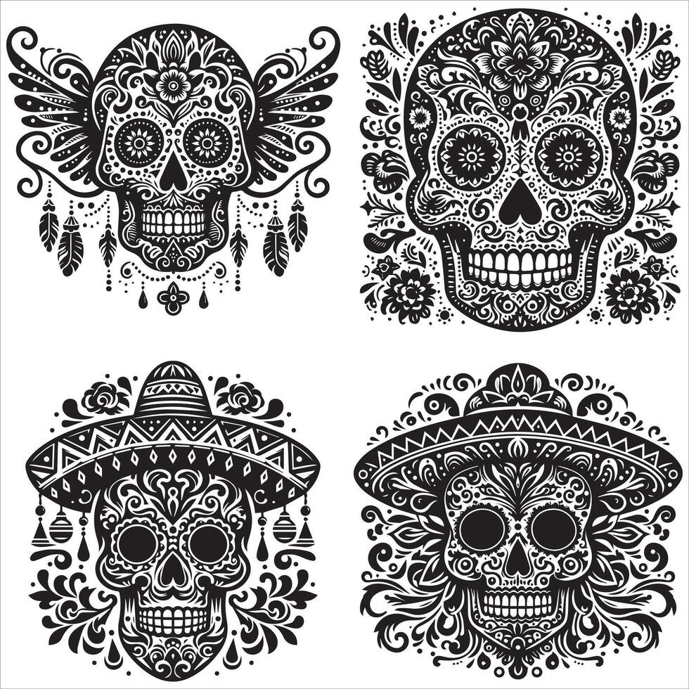 Day Of The Dead Mexican floral Skull silhouette design tattoo Illustration Set In Black And White stock illustration vector