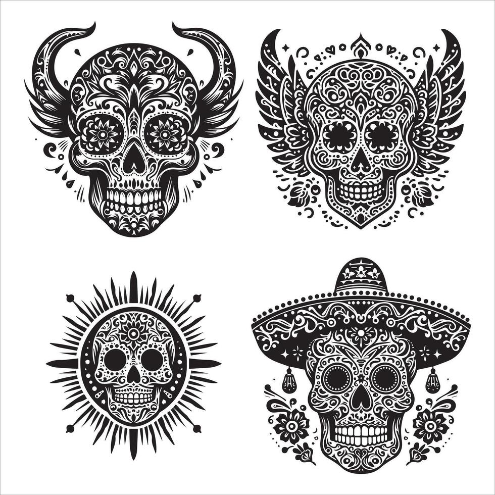 Day Of The Dead Mexican floral Skull silhouette design tattoo Illustration Set In Black And White stock illustration vector