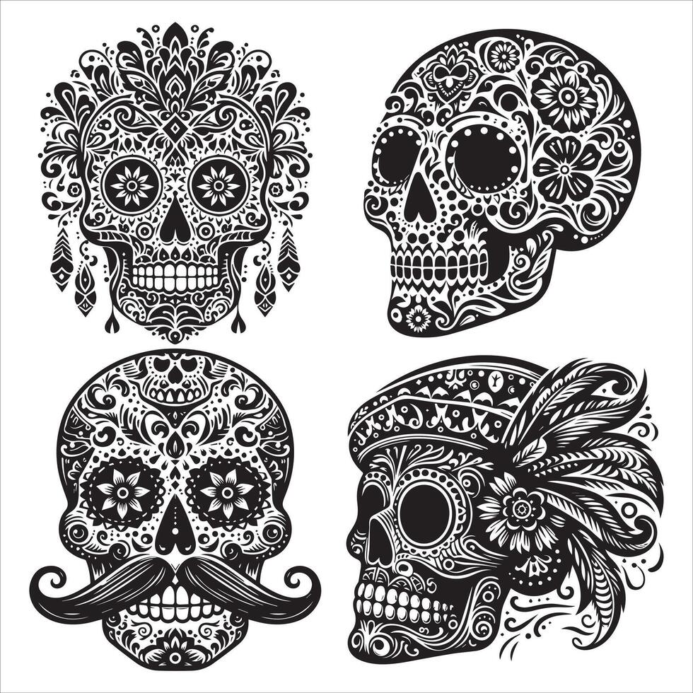 Day Of The Dead Mexican floral Skull silhouette design tattoo Illustration Set In Black And White stock illustration vector