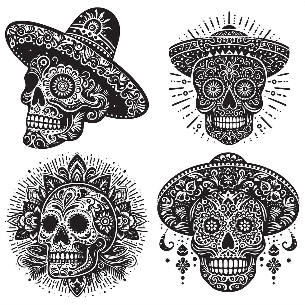 Day Of The Dead Mexican floral Skull silhouette design tattoo Illustration Set In Black And White stock illustration vector