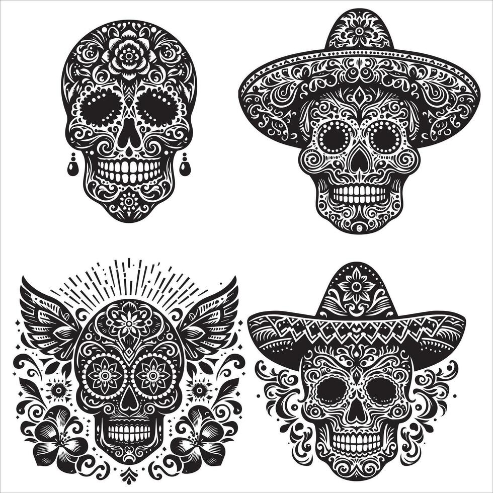 Day Of The Dead Mexican floral Skull silhouette design tattoo Illustration Set In Black And White stock illustration vector