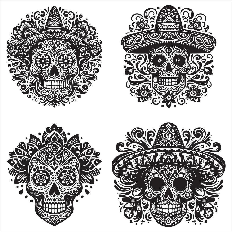 Day Of The Dead Mexican floral Skull silhouette design tattoo Illustration Set In Black And White stock illustration vector