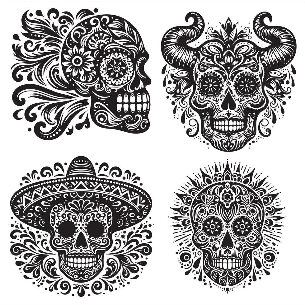 Day Of The Dead Mexican floral Skull silhouette design tattoo Illustration Set In Black And White stock illustration vector