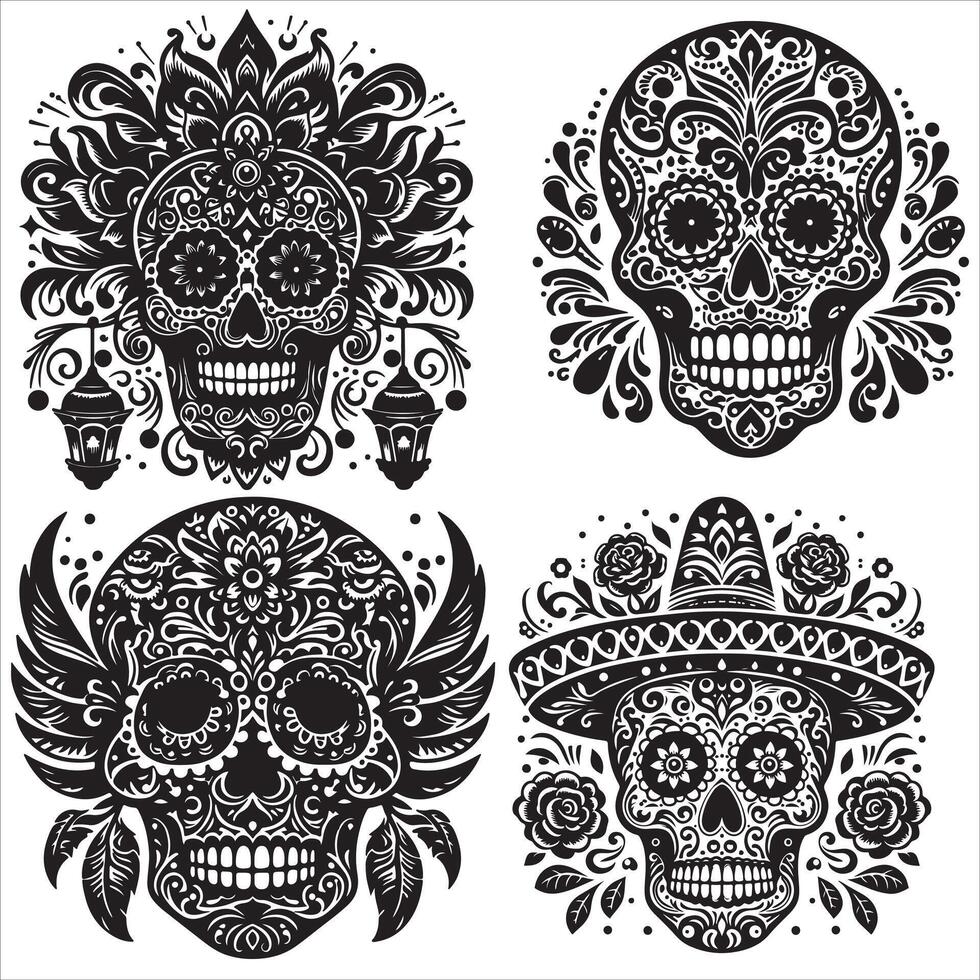 Day Of The Dead Mexican floral Skull silhouette design tattoo Illustration Set In Black And White stock illustration vector