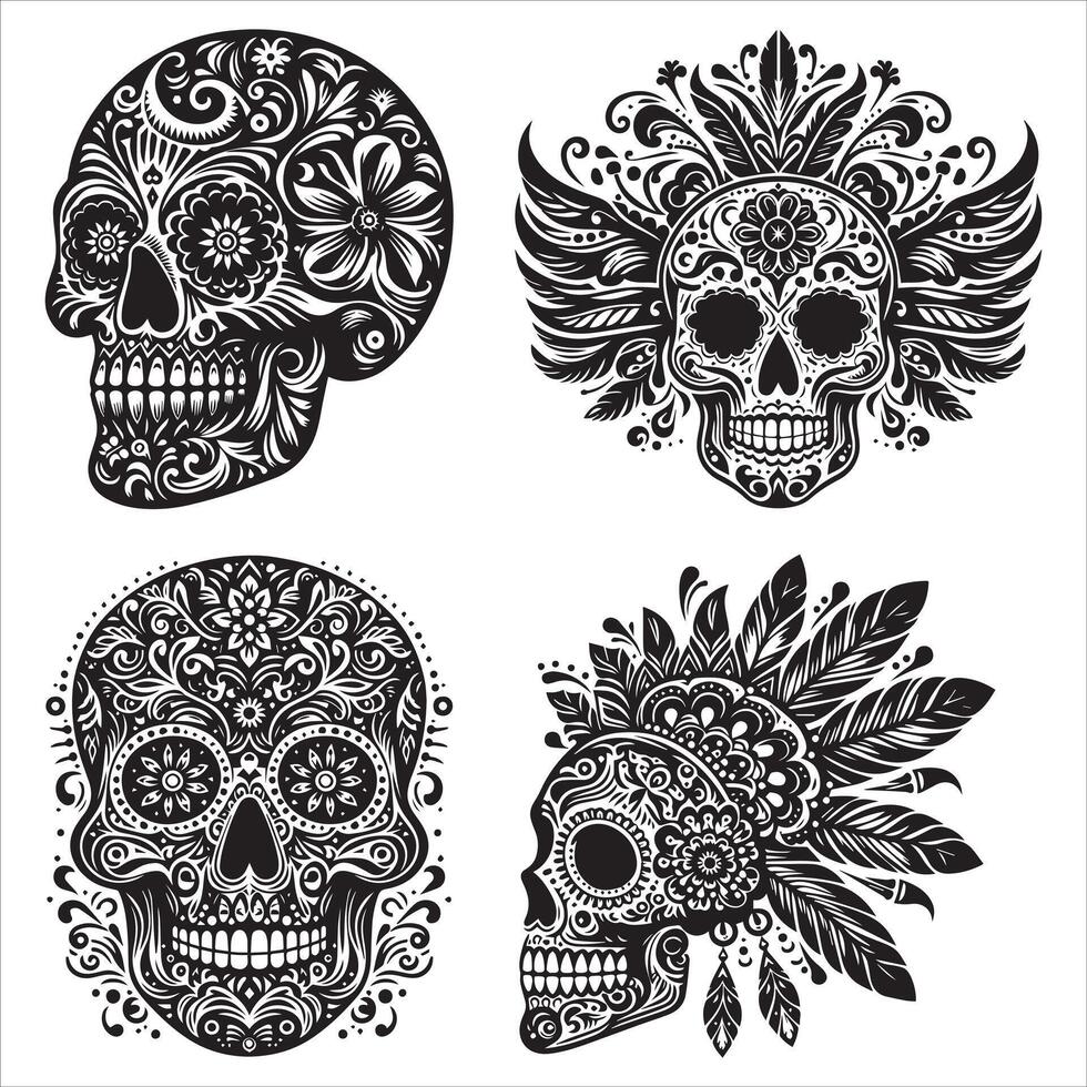 Day Of The Dead Mexican floral Skull silhouette design tattoo Illustration Set In Black And White stock illustration vector