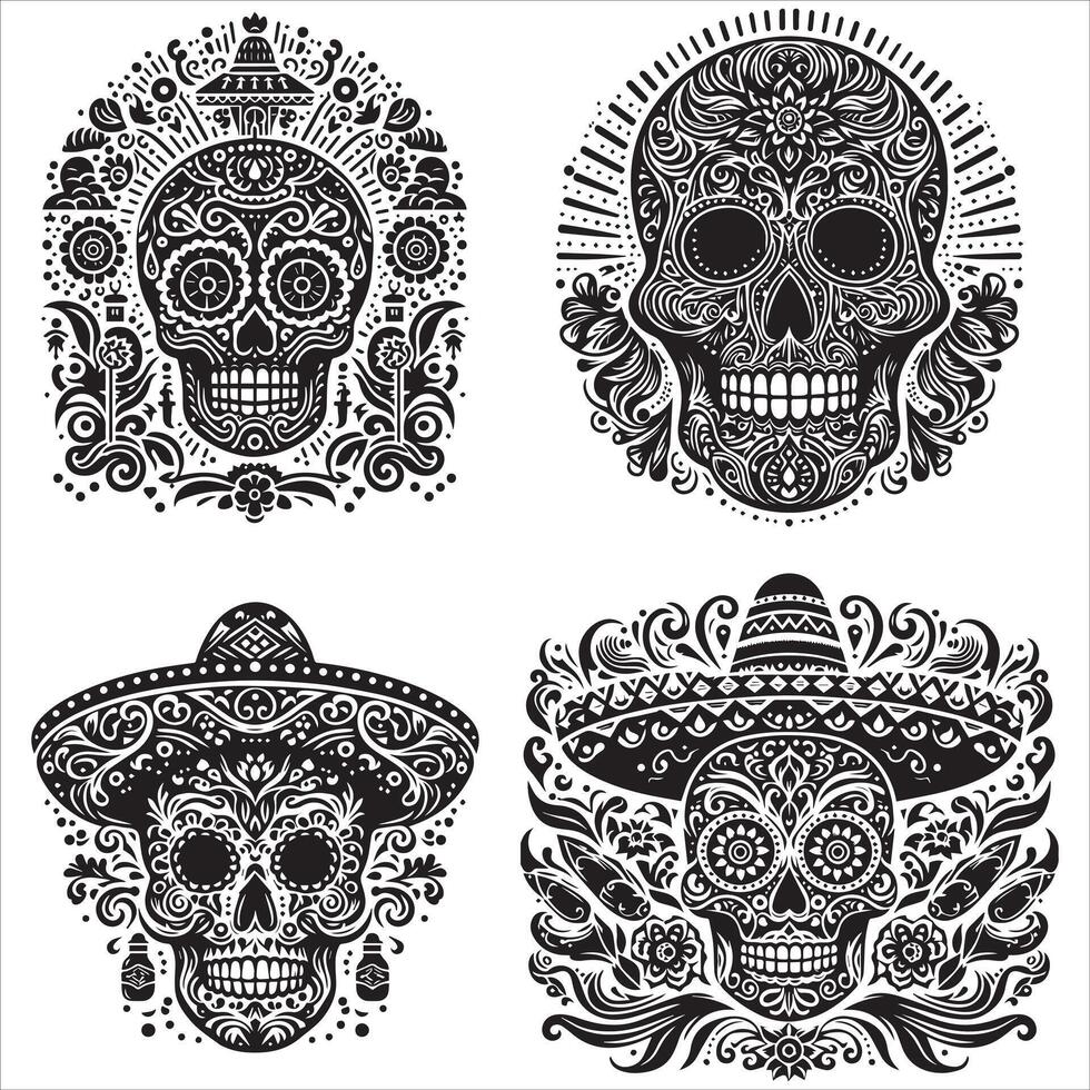 Day Of The Dead Mexican floral Skull silhouette design tattoo Illustration Set In Black And White stock illustration vector