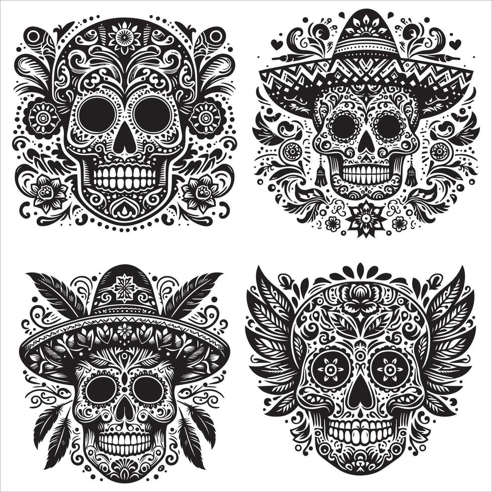 Day Of The Dead Mexican floral Skull silhouette design tattoo Illustration Set In Black And White stock illustration vector