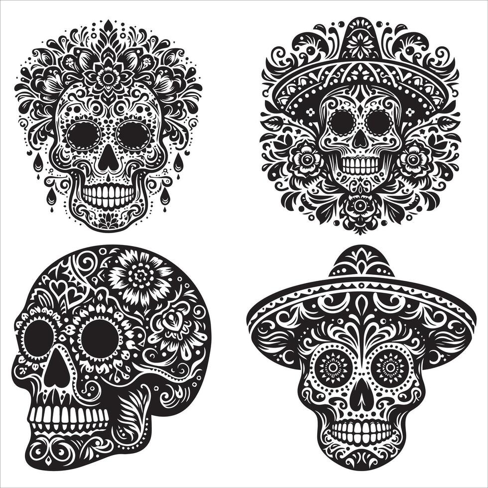 Day Of The Dead Mexican floral Skull silhouette design tattoo Illustration Set In Black And White stock illustration vector