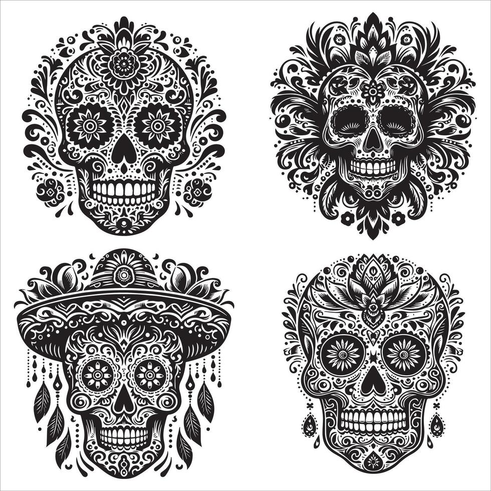 Day Of The Dead Mexican floral Skull silhouette design tattoo Illustration Set In Black And White stock illustration vector