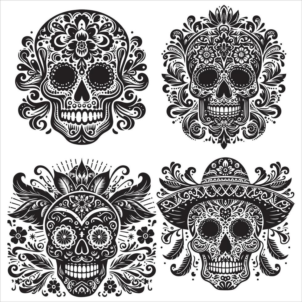 Day Of The Dead Mexican floral Skull silhouette design tattoo Illustration Set In Black And White stock illustration vector