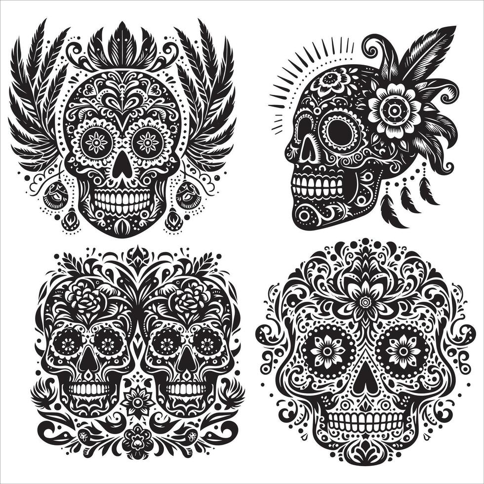 Day Of The Dead Mexican floral Skull silhouette design tattoo Illustration Set In Black And White stock illustration vector