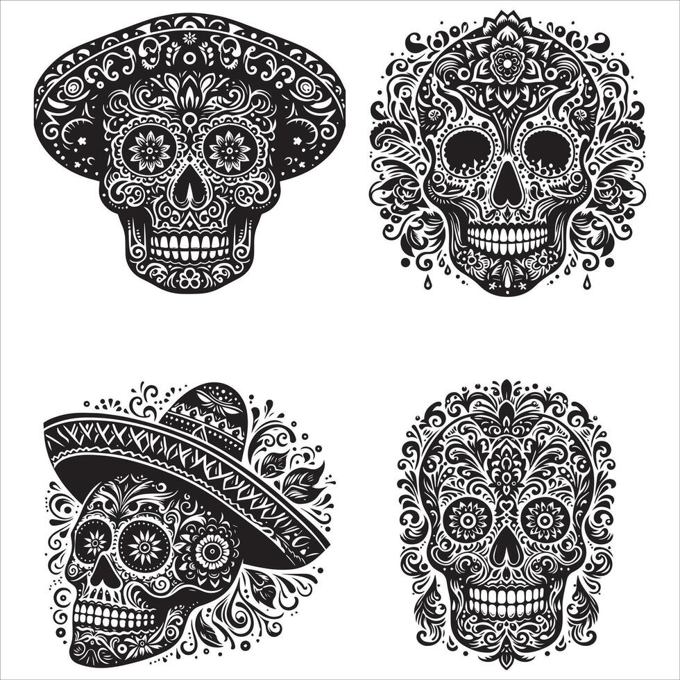 Day Of The Dead Mexican floral Skull silhouette design tattoo Illustration Set In Black And White stock illustrationPrint vector