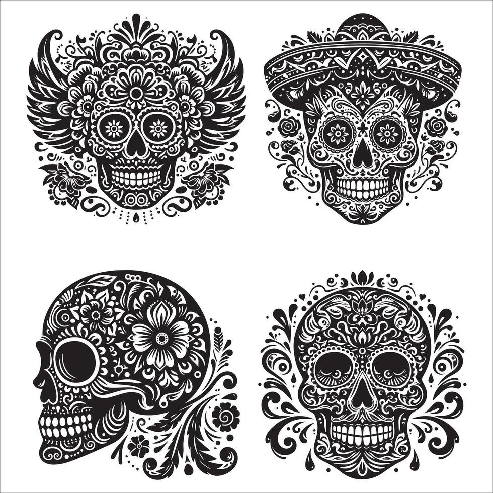 Day Of The Dead Mexican floral Skull silhouette design tattoo Illustration Set In Black And White stock illustrationPrint vector