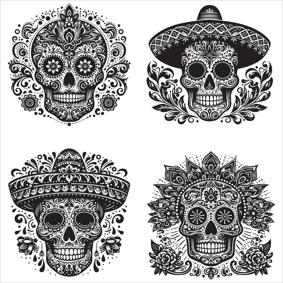 Day Of The Dead Mexican floral Skull silhouette design tattoo Illustration Set In Black And White stock illustrationPrint vector
