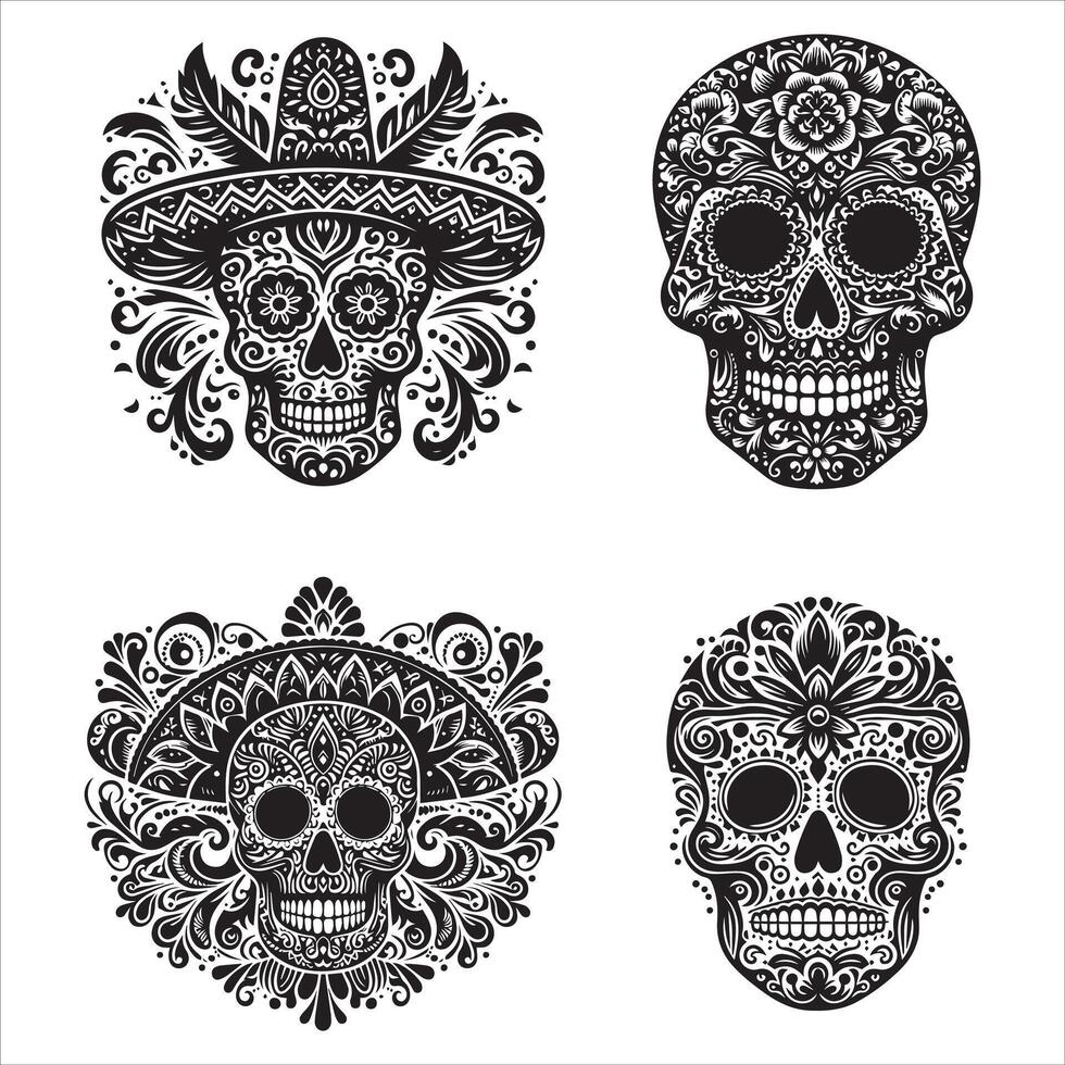 Day Of The Dead Mexican floral Skull silhouette design tattoo Illustration Set In Black And White stock illustrationPrint vector