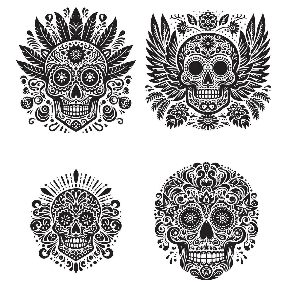 Day Of The Dead Mexican floral Skull silhouette design tattoo Illustration Set In Black And White stock illustrationPrint vector