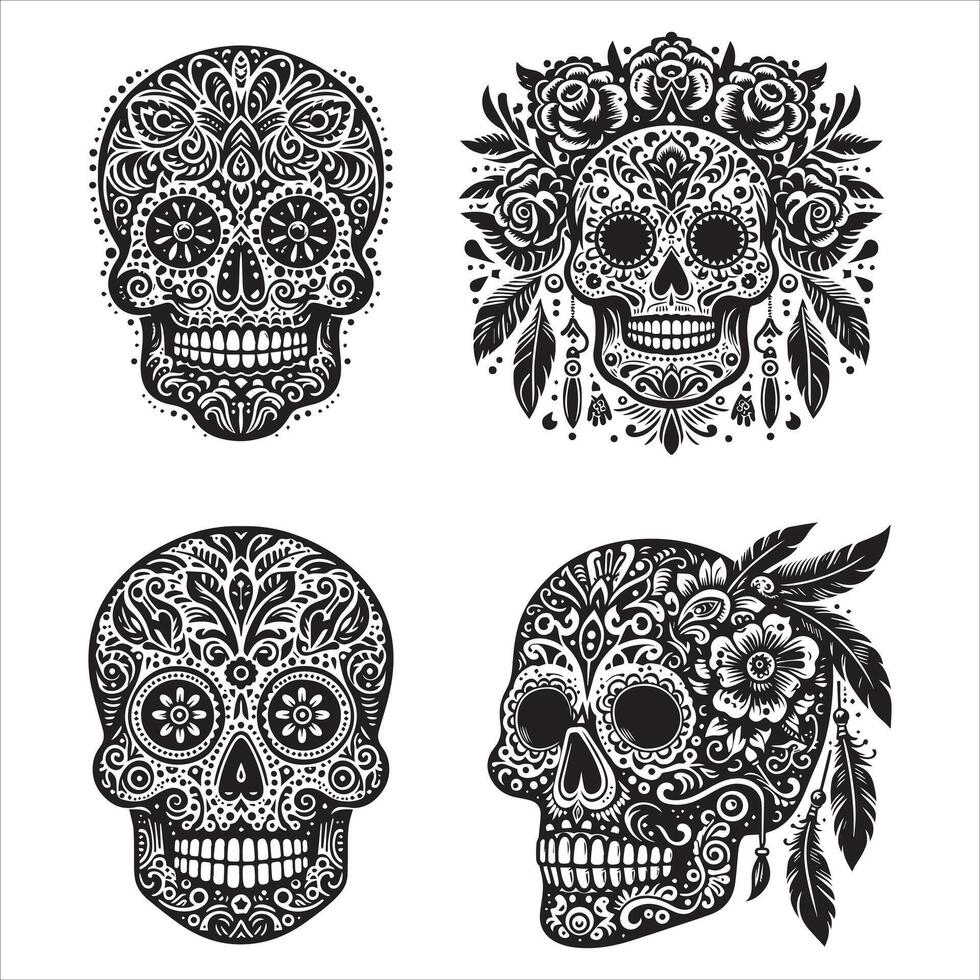 Day Of The Dead Mexican floral Skull silhouette design tattoo Illustration Set In Black And White stock illustrationPrint vector