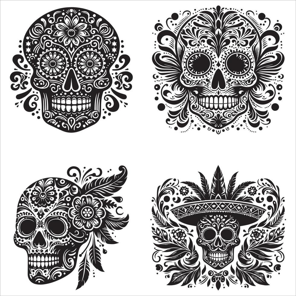 Day Of The Dead Mexican floral Skull silhouette design tattoo Illustration Set In Black And White stock illustrationPrint vector