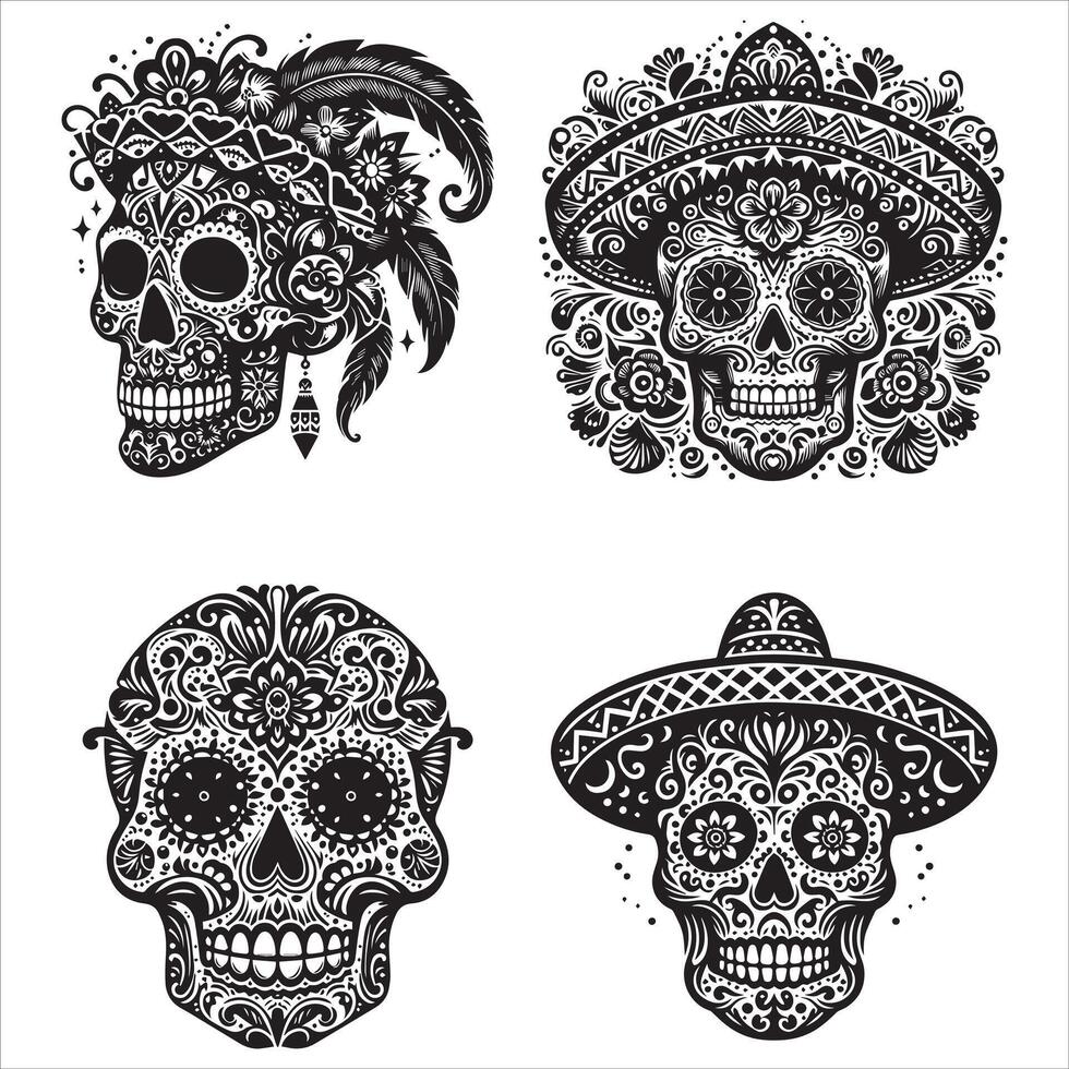 Day Of The Dead Mexican floral Skull silhouette design tattoo Illustration Set In Black And White stock illustrationPrint vector