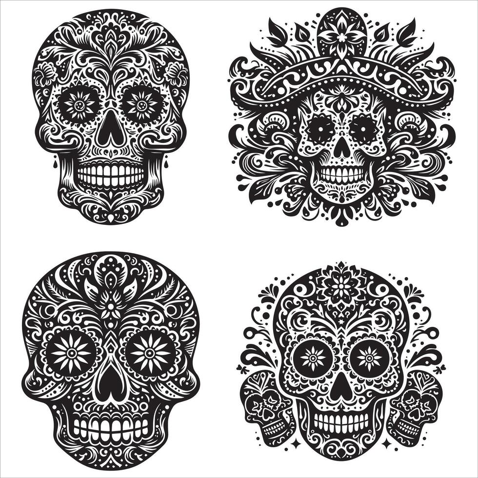 Day Of The Dead Mexican floral Skull silhouette design tattoo Illustration Set In Black And White stock illustrationPrint vector