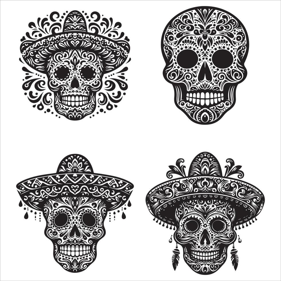 Day Of The Dead Mexican floral Skull silhouette design tattoo Illustration Set In Black And White stock illustrationPrint vector