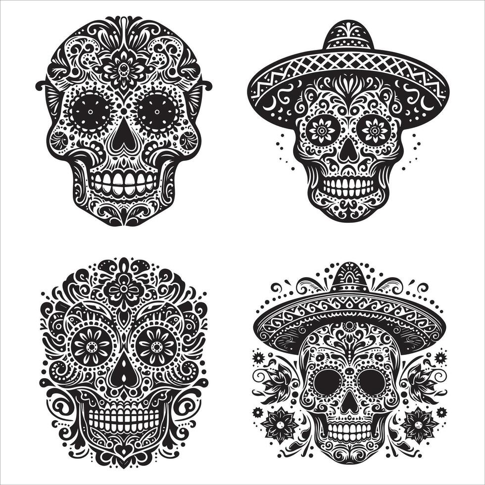 Day Of The Dead Mexican floral Skull silhouette design tattoo Illustration Set In Black And White stock illustrationPrint vector
