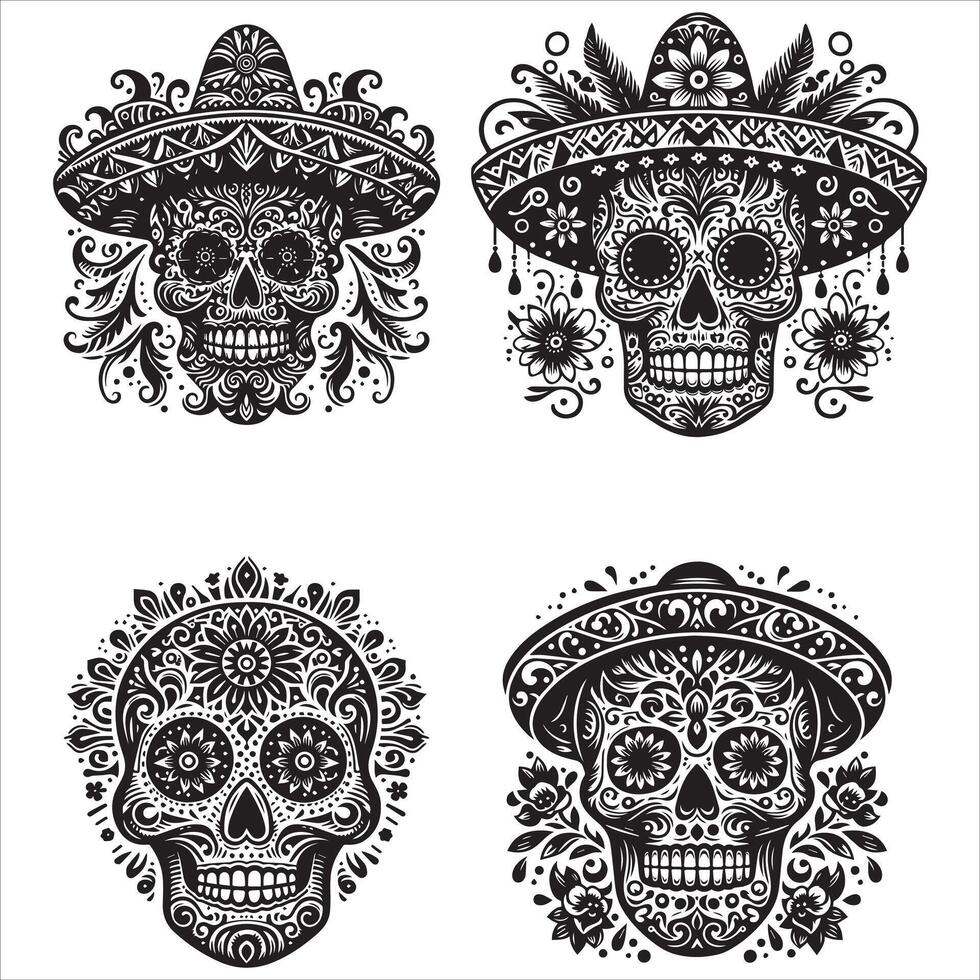 Day Of The Dead Mexican floral Skull silhouette design tattoo Illustration Set In Black And White stock illustrationPrint vector