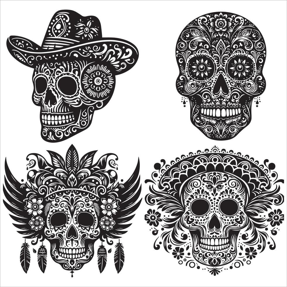 Day Of The Dead Mexican floral Skull silhouette design tattoo Illustration Set In Black And White stock illustrationPrint vector