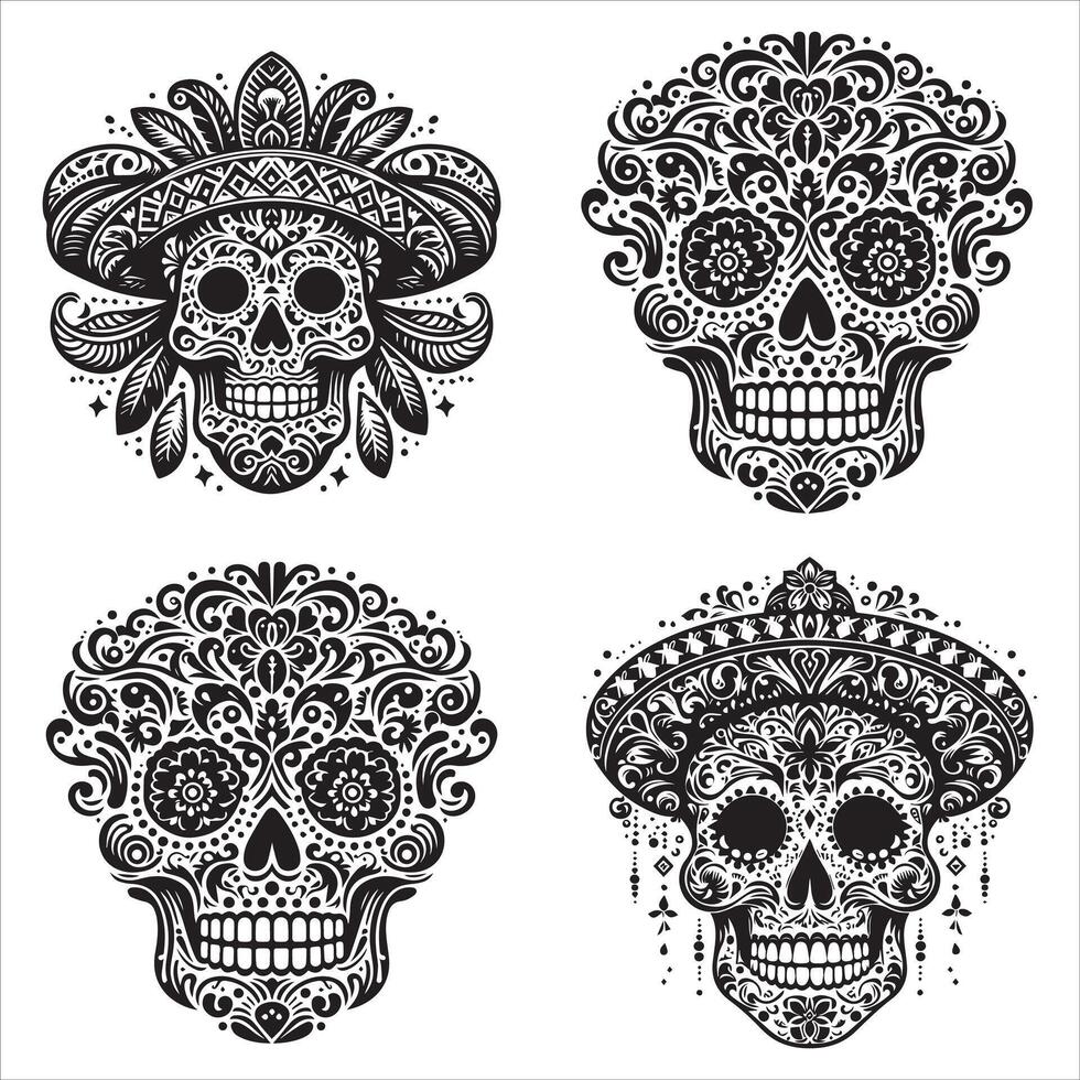 Day Of The Dead Mexican floral Skull silhouette design tattoo Illustration Set In Black And White stock illustrationPrint vector
