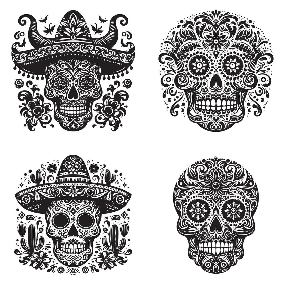 Day Of The Dead Mexican floral Skull silhouette design tattoo Illustration Set In Black And White stock illustrationPrint vector